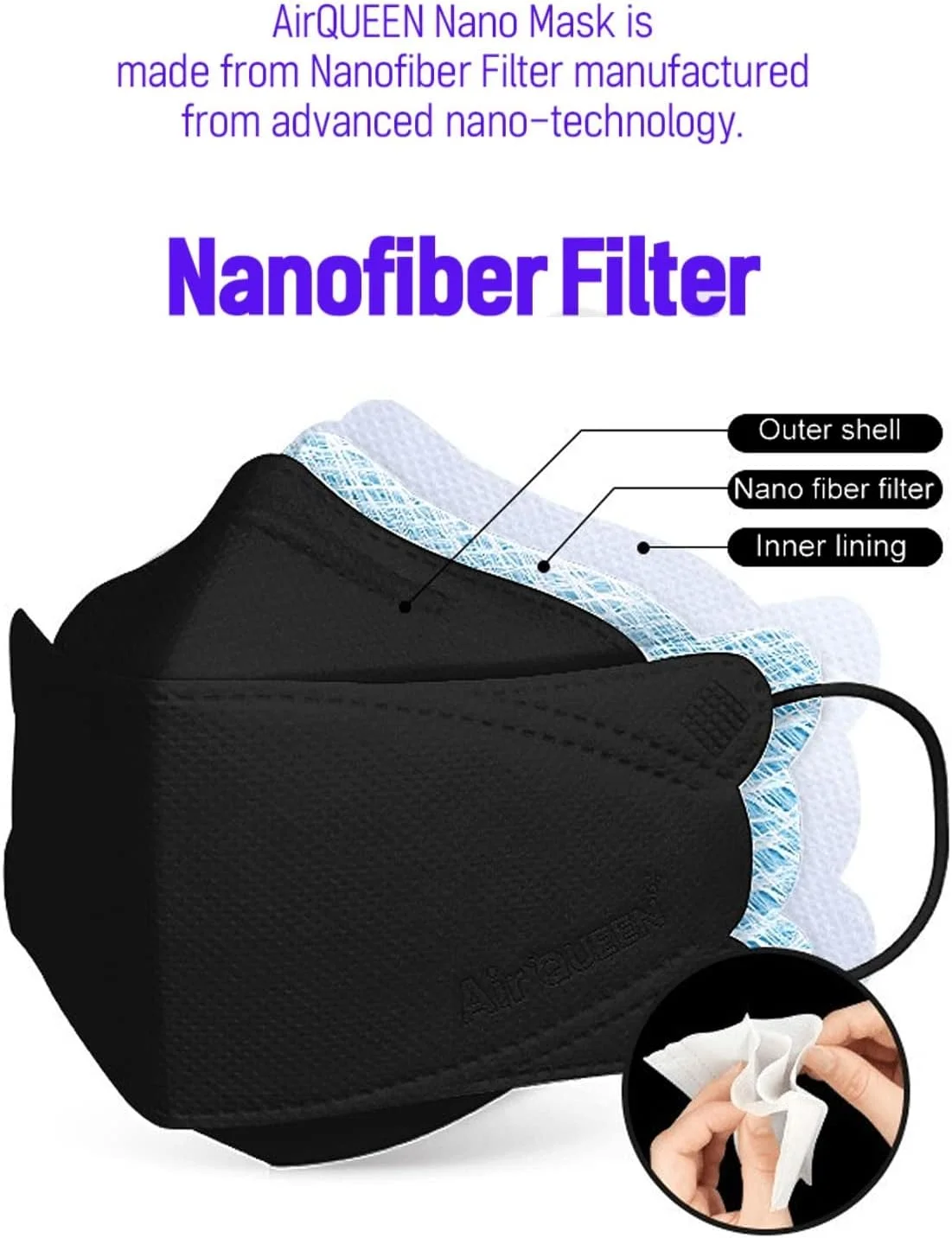 ماسک صورت سه لایه نانو فیلتر ایرکویین برای بزرگسالان، مشکی، ماسک صورت سبک و قابل تنفس، ماسک صورت قابل استفاده مجدد