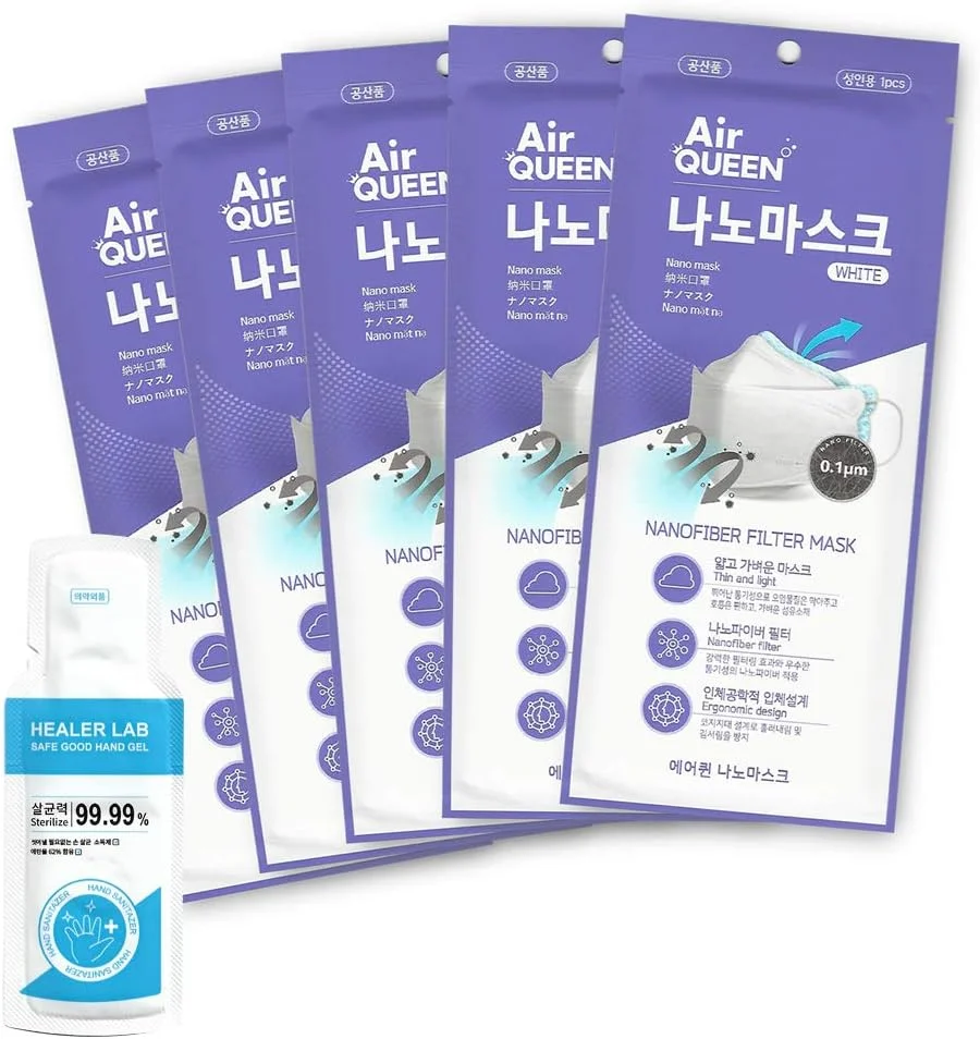 ماسک نانو ایر کویین، بسته 5 عددی، سایز بزرگ سفید و یک عدد ضدعفونی کننده دست یکبار مصرف، 2 میلی لیتر، ماسک Inex ساخت کره