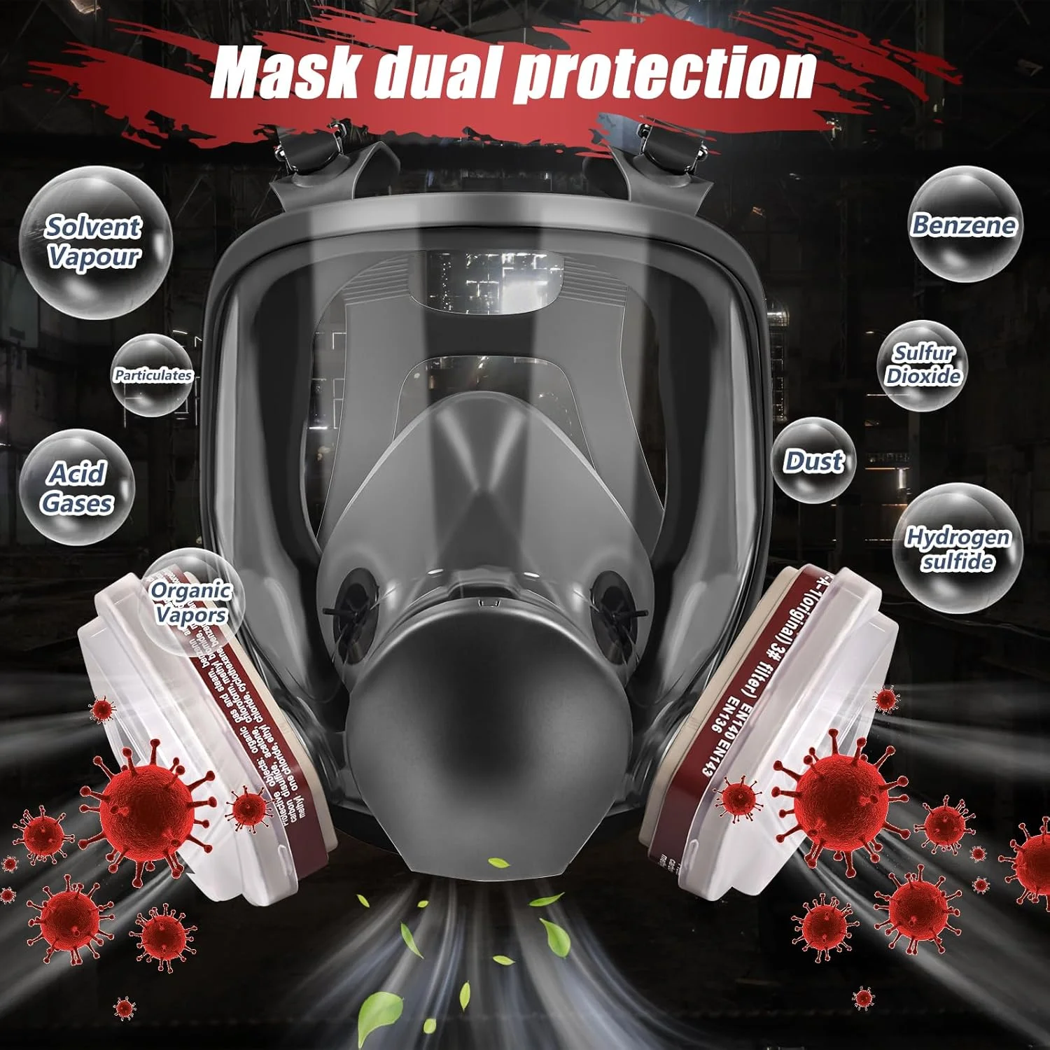 ماسک تنفسی تمام صورت 6800 - ماسک تنفسی قابل استفاده مجدد، ماسک گاز با فیلتر هوای کربن فعال 6001CN، مناسب برای رنگ آمیزی، گرد و غبار، رزین اپوکسی، مواد شیمیایی، گاز آلی، جوشکاری، پولیش