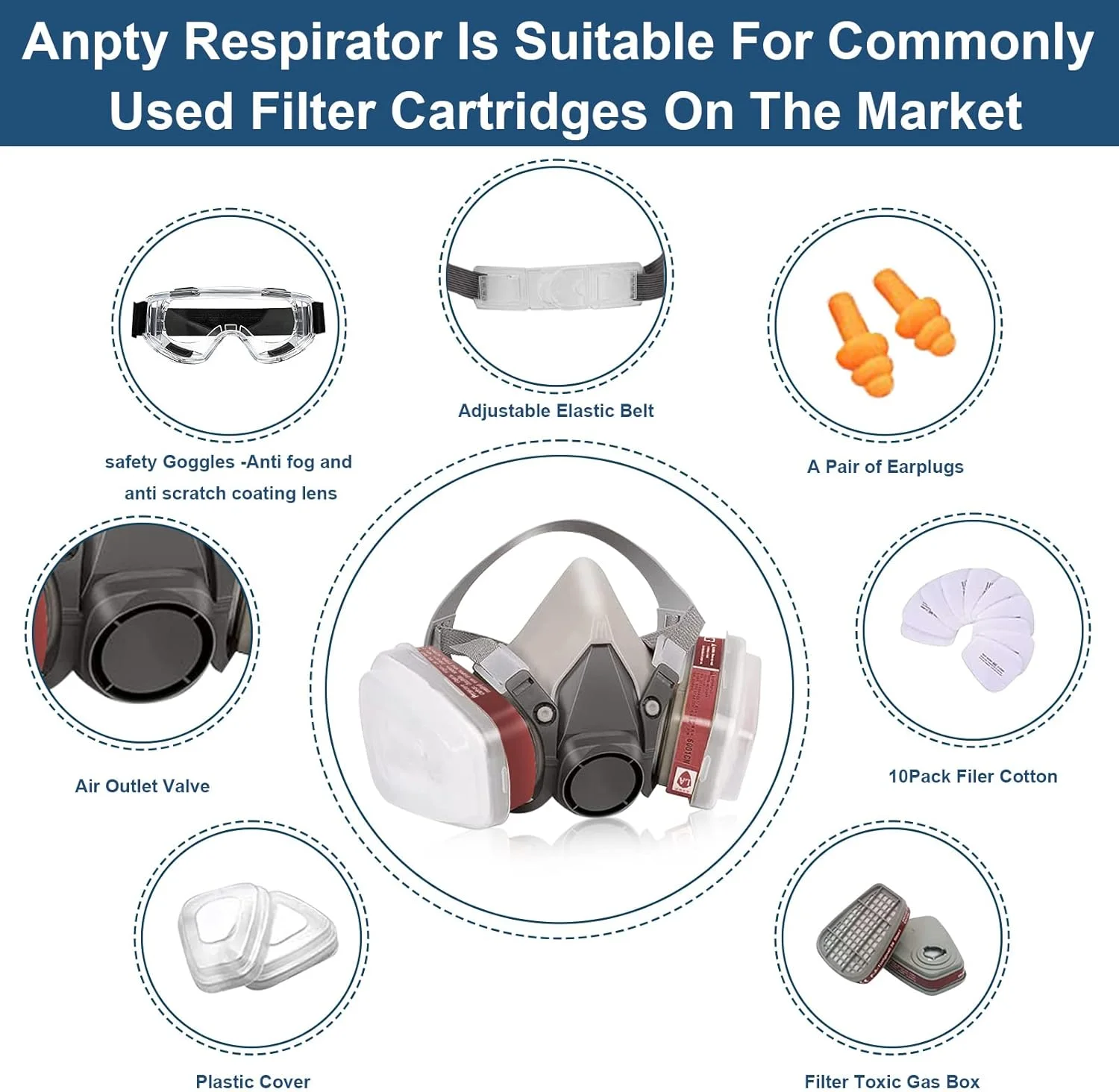 ماسک تنفسی تمام صورت با فیلتر، ماسک تنفسی قابل استفاده مجدد Anpty 6800، ماسک پوشش گرد و غبار رنگ اسپری، برای پولیش، جوشکاری (6200)