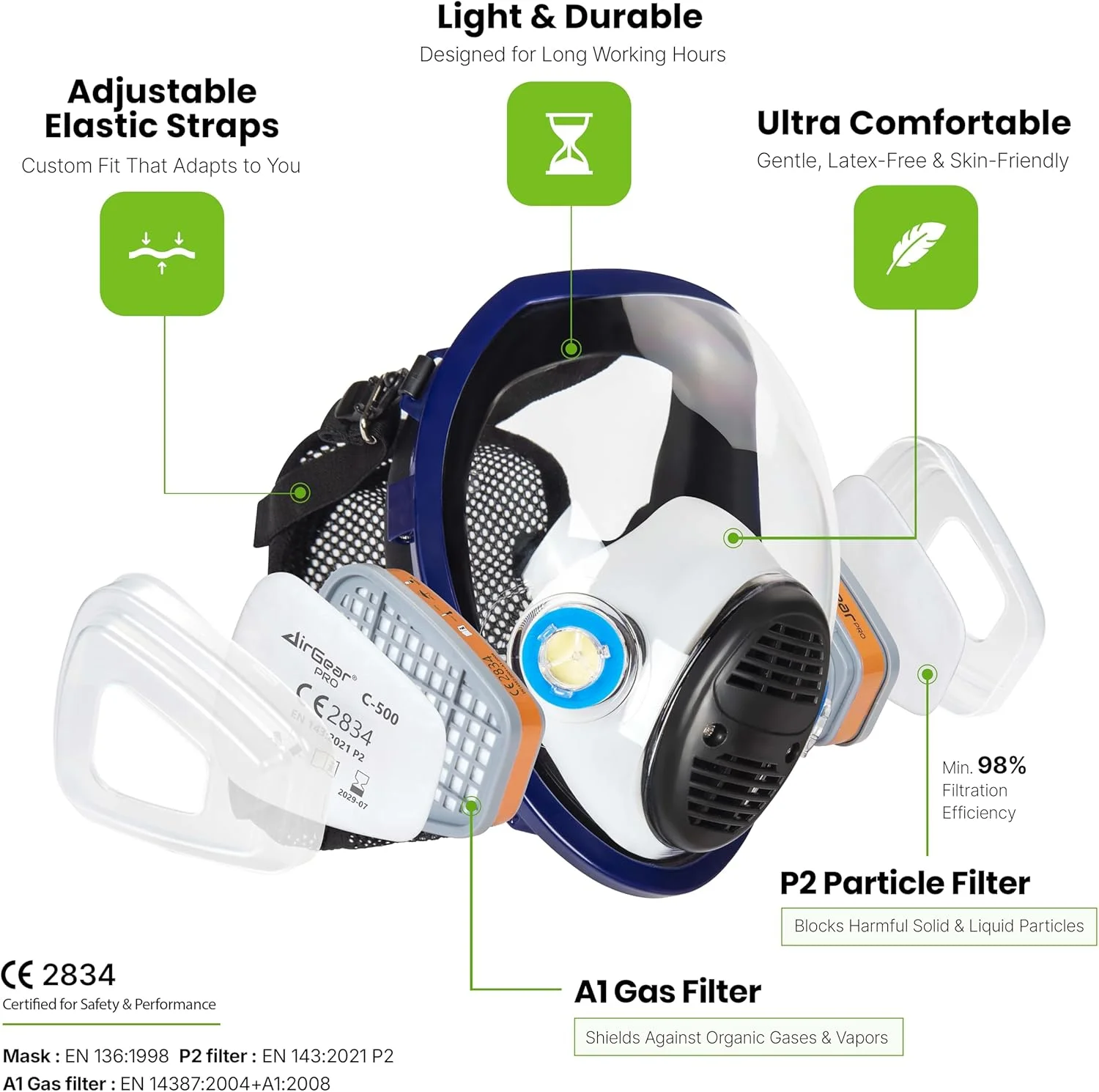 ماسک تنفسی AirGearPro G-750، ماسک کامل با فیلتر A1P2، ضد مه، ضد گاز، ضد گرد و غبار، ماسک گاز، ایده آل برای نقاشی، نجاری، ساخت و ساز، سنگ زنی، سمپاشی، مواد شیمیایی، کارهای DIY