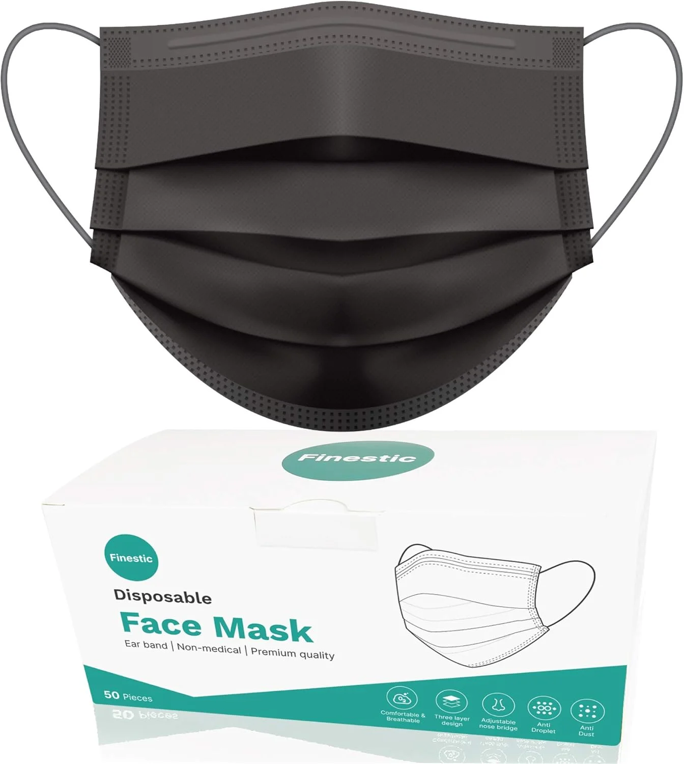 ماسک صورت یکبار مصرف فاینستیک، ماسک ایمنی سه لایه ممتاز با حلقه گوش، سیم بینی قابل تنظیم، محافظت سه لایه