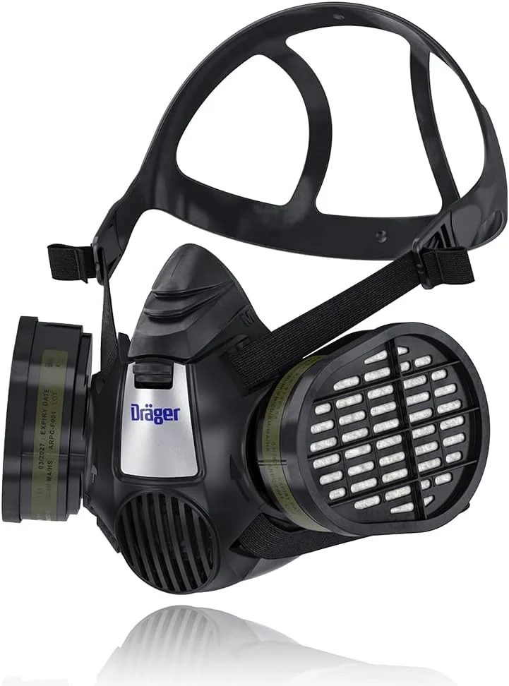 ماسک نیم صورت Dräger X-plore 3500 + 2 عدد کارتریج چندگانه گاز (OV/AG/HF/FM/CD/AM/MA/HS)، دارای گواهینامه NIOSH، کیت محافظت تنفسی حرفه ای قابل استفاده مجدد
