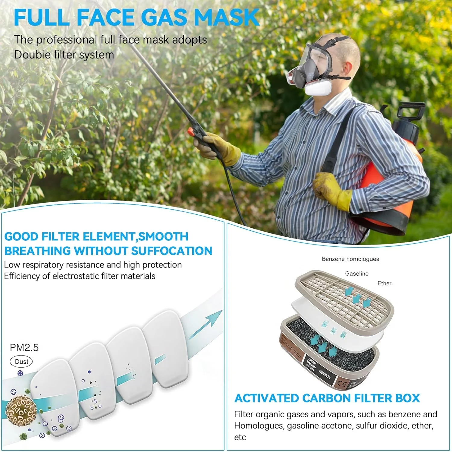 ماسک تنفسی تمام صورت بزرگ Bgs13 مدل 15in1، پوشش ضد گرد و غبار صورت، پوشش کامل صورت با میدان دید گسترده، ماسک رنگ برای نقاشی، پولیش مکانیکی، هیزم شکنی، جوشکاری و سایر محافظت های کاری