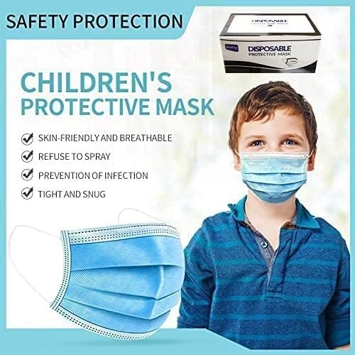 ماسک صورت پزشکی یکبار مصرف YU WELL مدل 100 عددی مناسب کودکان، سه لایه رنگ ثابت (آبی) با فیلتراسیون 95%