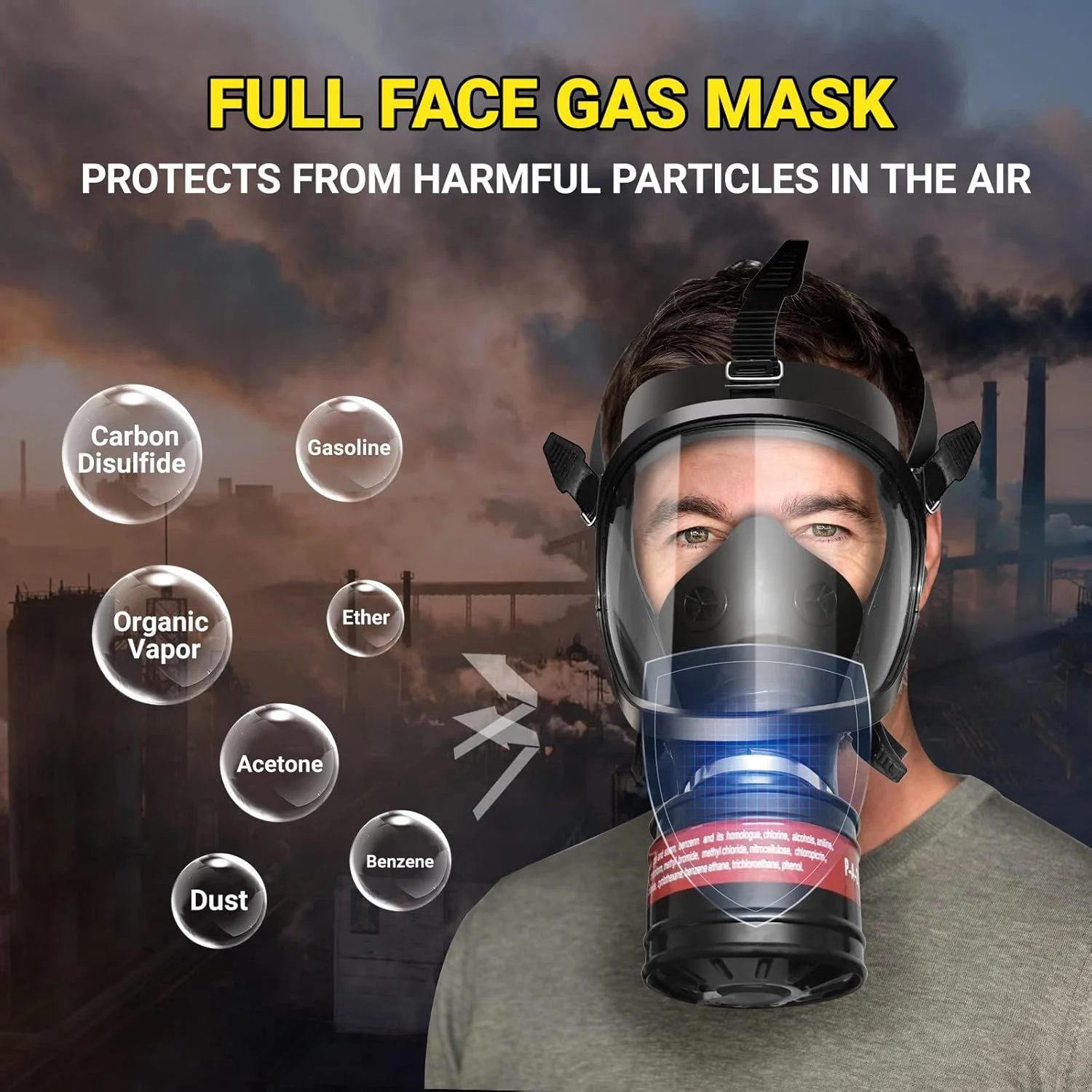 ماسک تنفسی تمام صورت GSHUBB برای بقا در شرایط هسته ای و شیمیایی، ماسک گاز تمام صورت با فیلتر کربن فعال 40 میلی متری، مناسب برای مصارف صنعتی، نقاشی، بخارات آلی، جوشکاری، پولیش کاری، مشکی