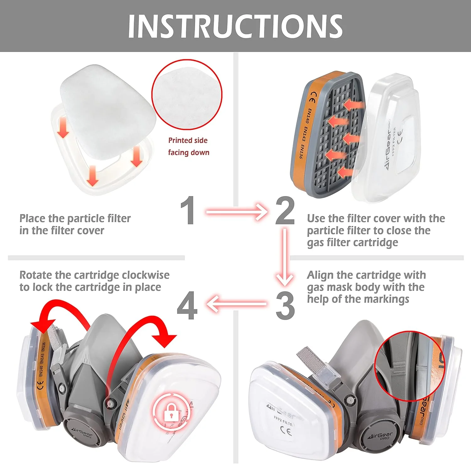 فیلترهای کربن فعال AirGearPro F-500 برای ماسک تنفسی قابل استفاده مجدد | فیلترهای ماسک ضد گرد و غبار ایده آل برای نقاشی، نجاری، ساخت و ساز، سمباده زنی، سمپاشی، مواد شیمیایی، کارهای DIY، زباله های سمی و غیره.