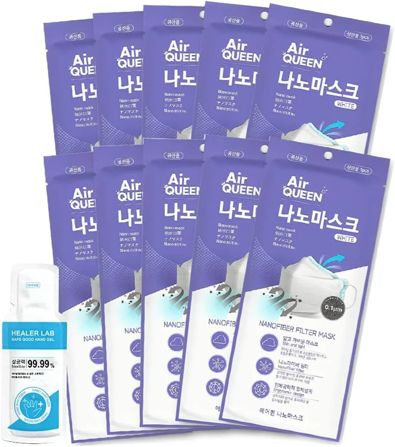 ماسک نانو ایر کویین بسته 10 عددی، سایز بزرگ سفید و یک عدد ضدعفونی کننده دست یکبار مصرف، 2 میلی لیتر، ماسک Inex ساخت کره
