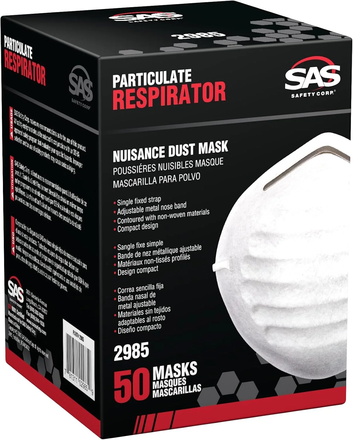 ماسک گرد و غبار غیر سمی SAS Safety 2985، جعبه 50 عددی