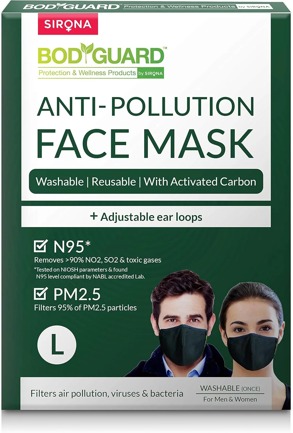 ماسک صورت پنبه ای قابل استفاده مجدد Bodyguard برای بزرگسالان | ماسک ضد آلودگی 5 لایه N95+PM2.5 با گیره بینی | فیلتر کربن فعال برای مردان و زنان | محافظت راحت و شیک (بزرگ)