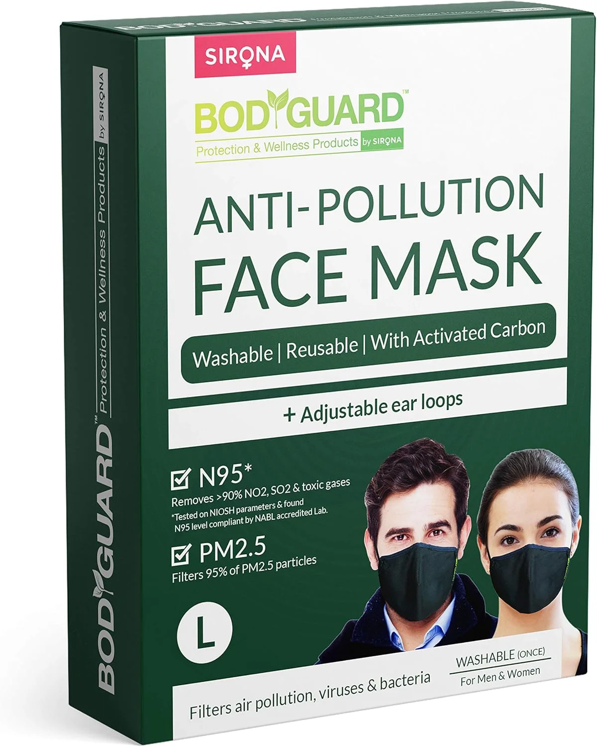 ماسک صورت پنبه ای قابل استفاده مجدد Bodyguard برای بزرگسالان | ماسک ضد آلودگی 5 لایه N95+PM2.5 با گیره بینی | فیلتر کربن فعال برای مردان و زنان | محافظت راحت و شیک (بزرگ)