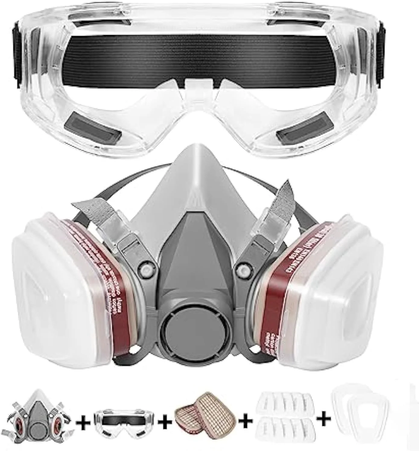 ماسک تنفسی، ماسک تنفسی قابل استفاده مجدد، ماسک گاز نیم صورت، با عینک ایمنی، محافظت تنفسی حرفه ای، برای رنگ آمیزی، بخارات آلی، جوشکاری، پولیش، نجاری و سایر محافظت ها