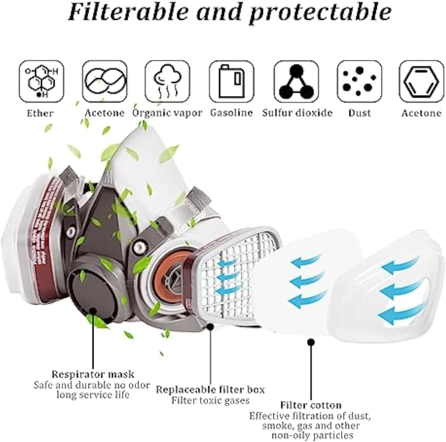 ماسک تنفسی، ماسک تنفسی قابل استفاده مجدد، ماسک گاز نیم صورت، با عینک ایمنی، محافظت تنفسی حرفه ای، برای رنگ آمیزی، بخارات آلی، جوشکاری، پولیش، نجاری و سایر محافظت ها