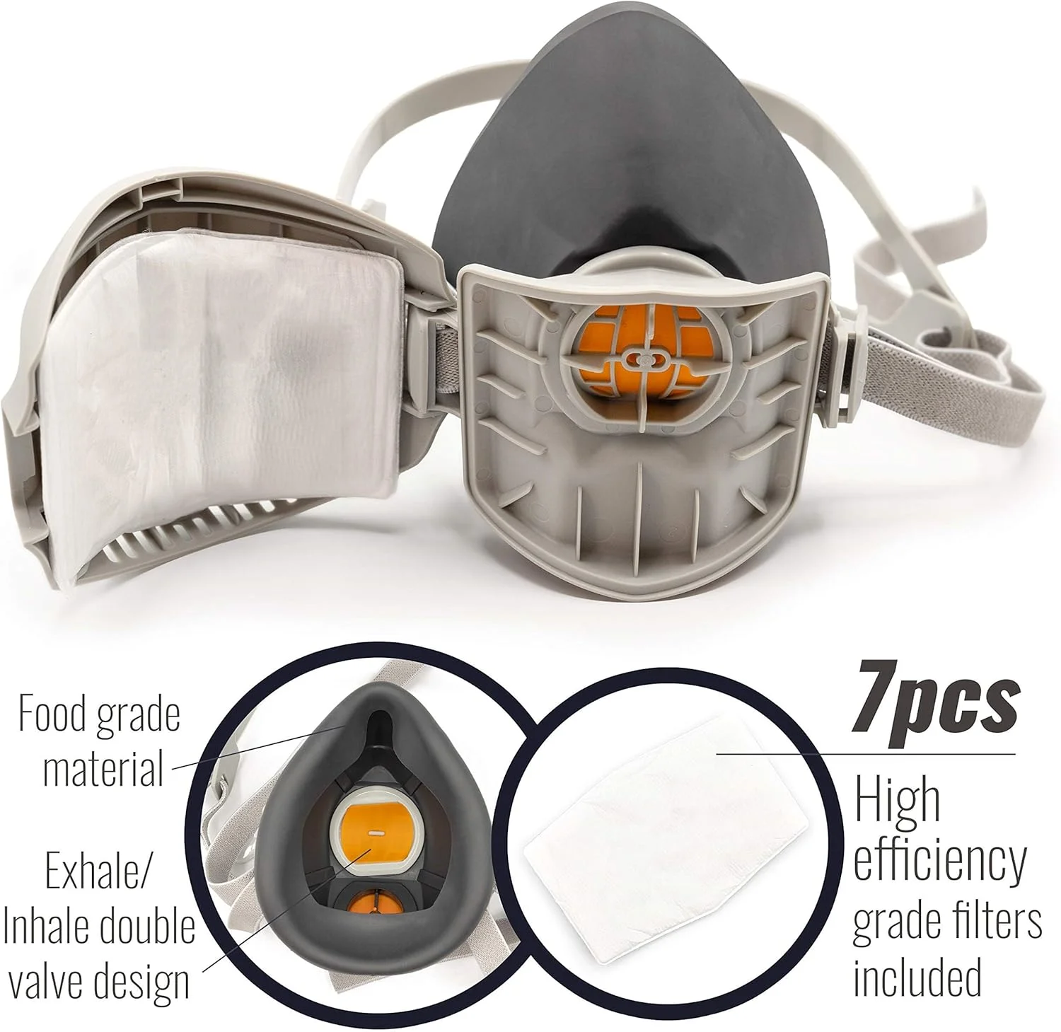 ماسک تنفسی قابل استفاده مجدد با 7 فیلتر - ماسک نیم صورت برای نجاری، جوشکاری، پولیش، نقاشی و محافظت از کار - هدبند راحت با رهاسازی سریع و فیلتراسیون دوگانه