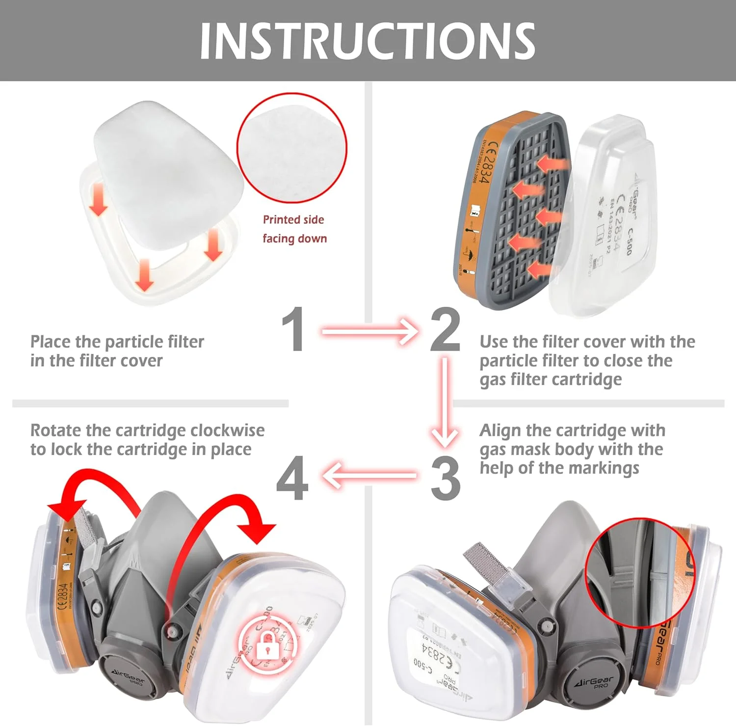 فیلترهای AirGearPro C-500 برای ماسک تنفسی قابل استفاده مجدد | فیلترهای تنفسی ضد گرد و غبار ایده آل برای نقاشی، نجاری، ساخت و ساز، سمباده زنی، سمپاشی، مواد شیمیایی، کارهای DIY و غیره