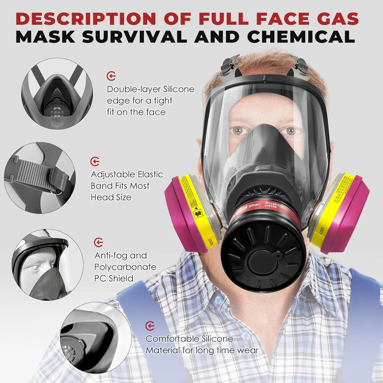 ماسک تنفسی LMINHAN با فیلترهای 60923، ماسک های گاز بقا هسته ای و شیمیایی، ماسک تنفسی تمام صورت رنگ