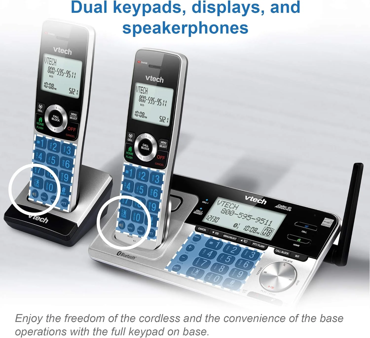 تلفن بی سیم خانگی برد بلند 5 گوشی VTech VS113-5 با مسدود کردن تماس، اتصال بلوتوث به تلفن همراه، صفحه نمایش 2 اینچی با نور پس زمینه، دکمه های بزرگ و سیستم پاسخگویی، نقره ای و مشکی تلفن بی سیم خانگی برد بلند 5 گوشی VTech VS113-5 با مسدود کردن تماس، اتصال بلوتوث به تلفن همراه، صفحه نمایش 2 اینچی با نور پس زمینه، دکمه های بزرگ و سیستم پاسخگویی، نقره ای و مشکی