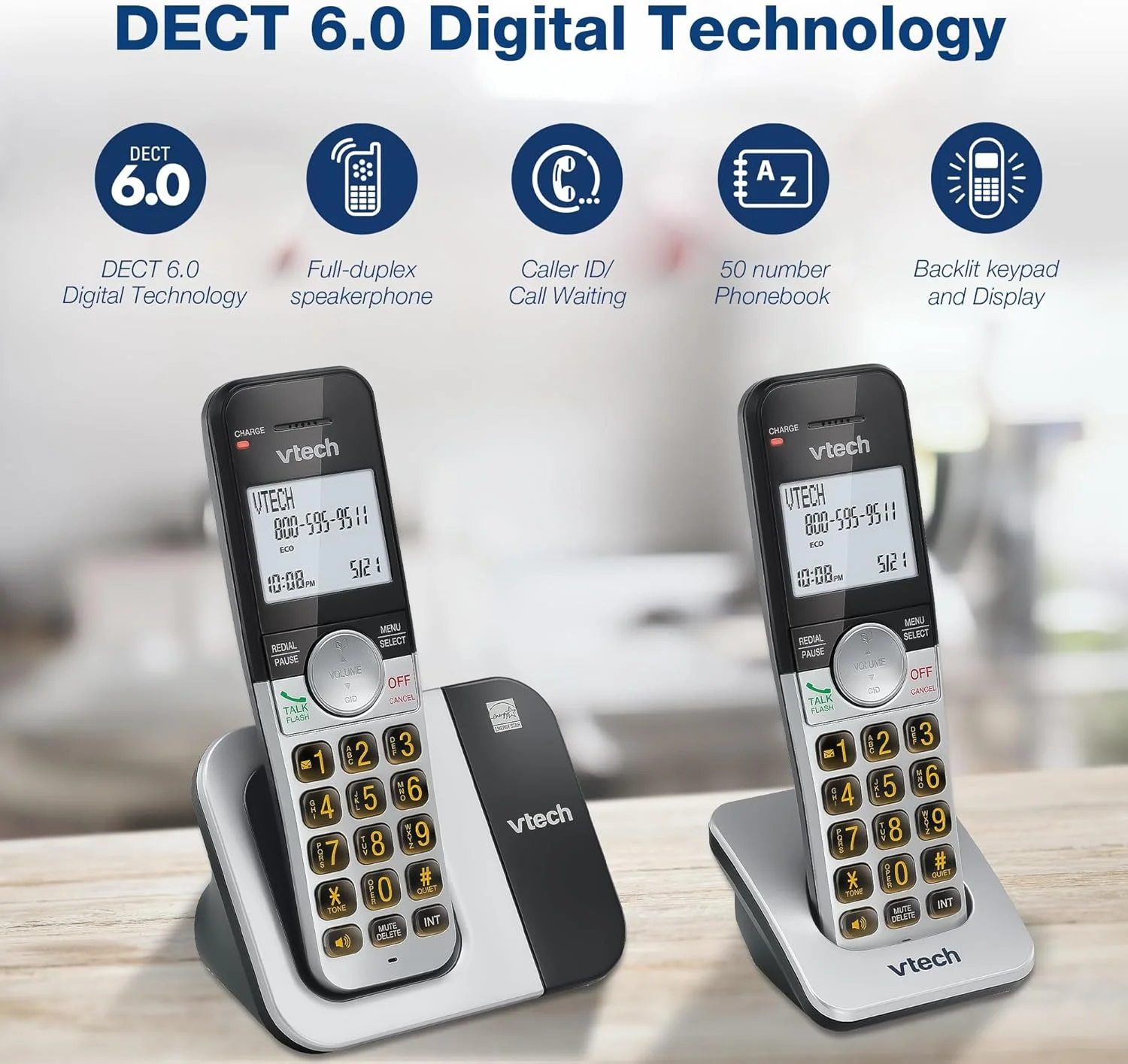 تلفن بی سیم 5 گوشی VTech VG231-5 با صفحه نمایش بزرگ و دکمه های بزرگ، DECT 6.0 با شناسه تماس گیرنده/انتظار تماس، بلندگوی دو طرفه کامل، حالت ECO، شماره گیری مجدد 10 شماره آخر، استفاده آسان