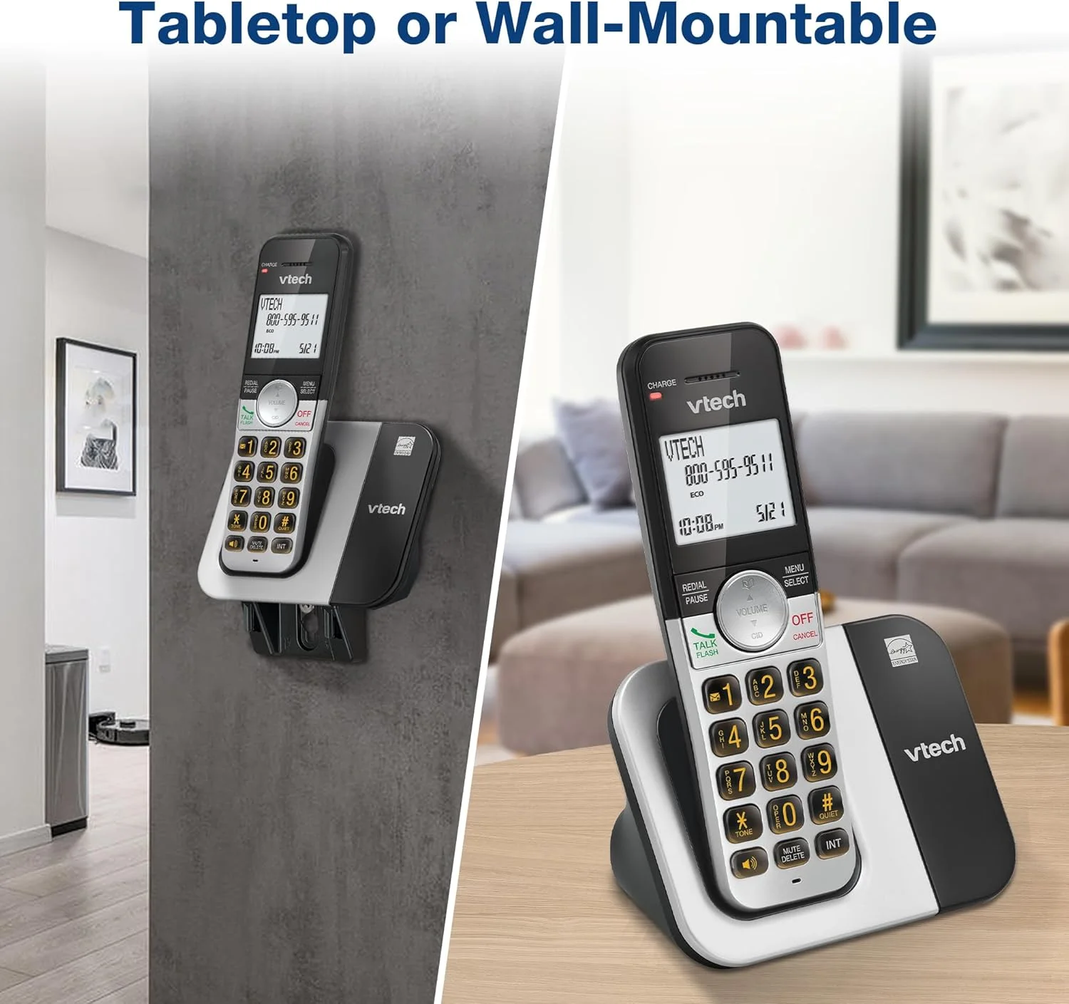 تلفن بی سیم 5 گوشی VTech VG231-5 با صفحه نمایش بزرگ و دکمه های بزرگ، DECT 6.0 با شناسه تماس گیرنده/انتظار تماس، بلندگوی دو طرفه کامل، حالت ECO، شماره گیری مجدد 10 شماره آخر، استفاده آسان
