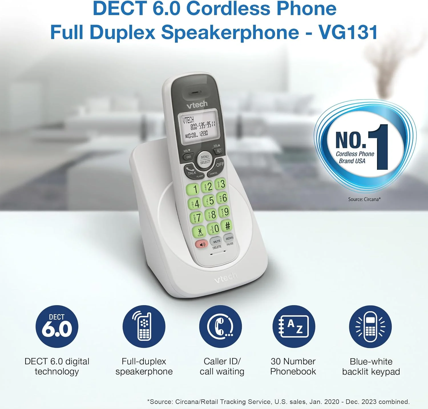 تلفن بی سیم VTech VG131 DECT 6.0 [جدید] - اتصال بلوتوث، صفحه نمایش آبی-سفید، دکمه های بزرگ، بلندگوی دو طرفه کامل، شناسه تماس گیرنده، نصب آسان روی دیوار، برد 300 متری (سفید/خاکستری)