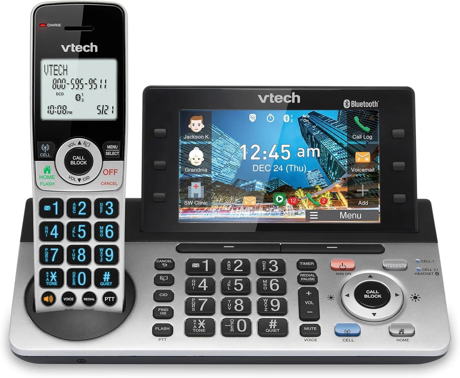 تلفن بی سیم قابل ارتقا VTech IS8251 با کیفیت تجاری برای دفتر کار خانگی، صفحه نمایش رنگی 5 اینچی، کلیدهای میانبر قابل برنامه ریزی، مسدود کننده تماس هوشمند، سیستم پاسخگویی، اتصال بلوتوث به تلفن همراه