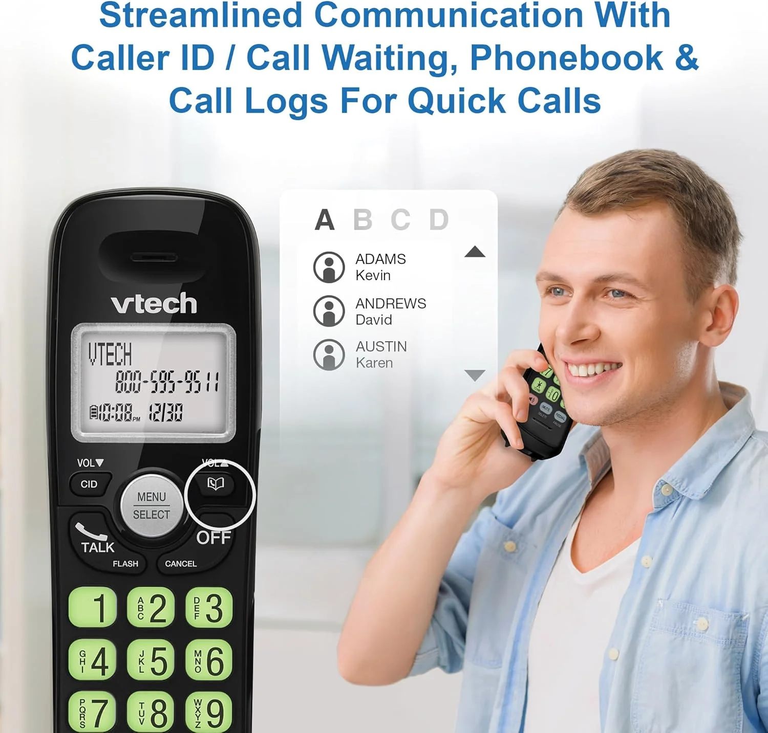 تلفن بی سیم VTech [جدید] مدل VG131-11 DECT 6.0 - اتصال بلوتوث، صفحه نمایش آبی-سفید، دکمه های بزرگ، دوبلکس کامل، شناسه تماس گیرنده، نصب آسان روی دیوار، برد 300 متر (مشکی)