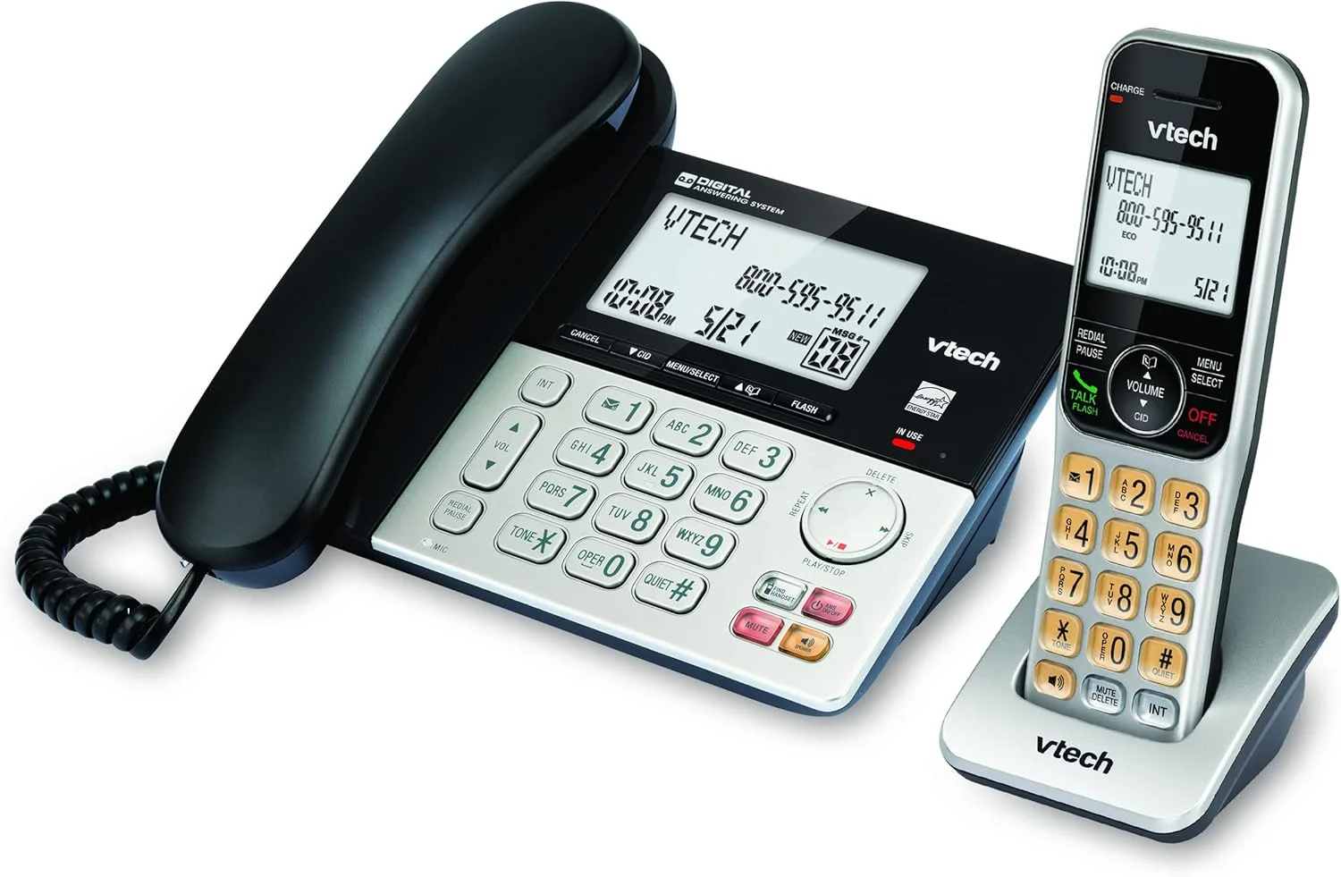 VTech VG208 DECT 6.0 Corded/Cordless Phone for Home with Answering Machine, Call Blocking, Caller ID, Large Backlit Display, Duplex Speakerphone, Intercom, Line-Power(Silver/Black) VTech VG208 DECT 6.0 Corded/Cordless Phone for Home with Answering Machine, Call Blocking, Caller ID, Large Backlit Display, Duplex Speakerphone, Intercom, Line-Power(Silver/Black)