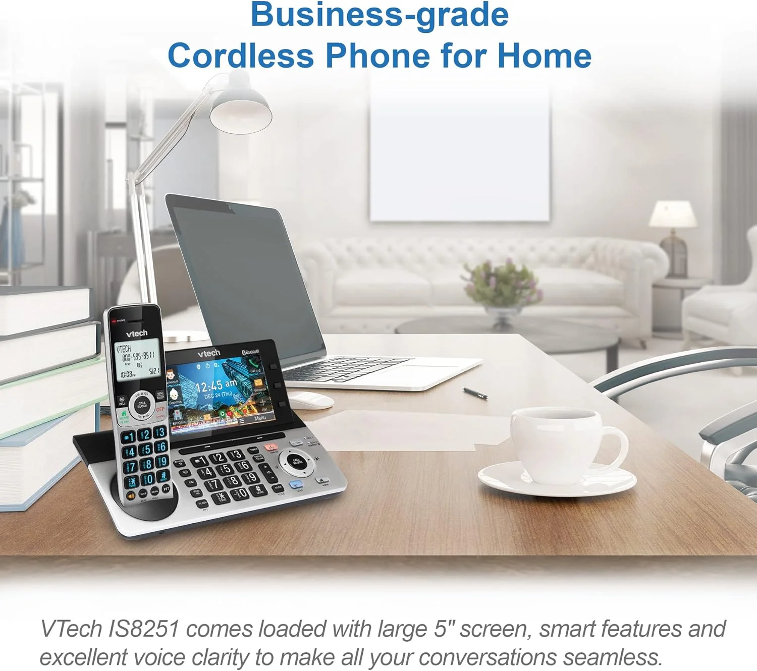 تلفن بی سیم قابل ارتقا VTech IS8251 با کیفیت تجاری برای دفتر کار خانگی، صفحه نمایش رنگی 5 اینچی، کلیدهای میانبر قابل برنامه ریزی، مسدود کننده تماس هوشمند، سیستم پاسخگویی، اتصال بلوتوث به تلفن همراه تلفن بی سیم قابل ارتقا VTech IS8251 با کیفیت تجاری برای دفتر کار خانگی، صفحه نمایش رنگی 5 اینچی، کلیدهای میانبر قابل برنامه ریزی، مسدود کننده تماس هوشمند، سیستم پاسخگویی، اتصال بلوتوث به تلفن همراه