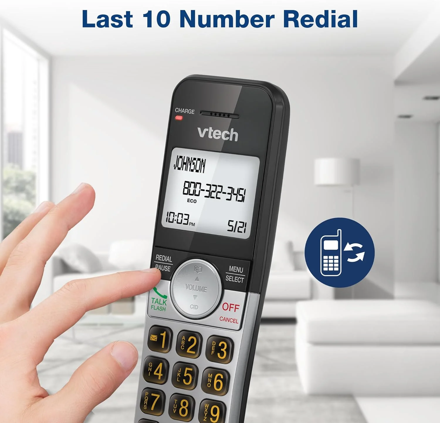 تلفن بی سیم 5 گوشی VTech VG231-5 با صفحه نمایش بزرگ و دکمه های بزرگ، DECT 6.0 با شناسه تماس گیرنده/انتظار تماس، بلندگوی دو طرفه کامل، حالت ECO، شماره گیری مجدد 10 شماره آخر، استفاده آسان
