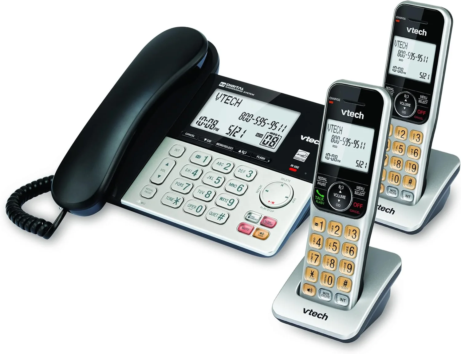 تلفن رومیزی/بی‌سیم وی‌تک مدل VG208-2 DECT 6.0 با دو گوشی، دارای منشی تلفنی، مسدود کردن تماس، نمایشگر شناسه تماس‌گیرنده، نمایشگر بزرگ با نور پس‌زمینه، بلندگوی دوطرفه، ارتباط داخلی، تغذیه از خط تلفن