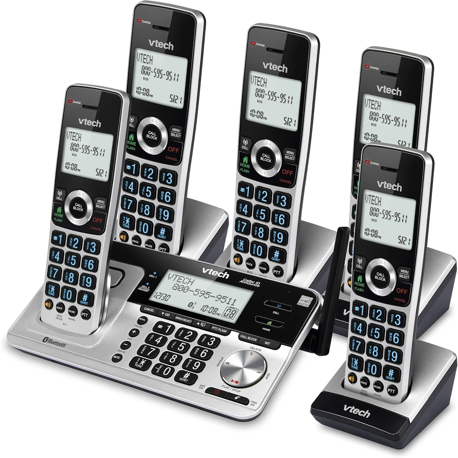 تلفن بی سیم خانگی برد بلند 5 گوشی VTech VS113-5 با مسدود کردن تماس، اتصال بلوتوث به تلفن همراه، صفحه نمایش 2 اینچی با نور پس زمینه، دکمه های بزرگ و سیستم پاسخگویی، نقره ای و مشکی تلفن بی سیم خانگی برد بلند 5 گوشی VTech VS113-5 با مسدود کردن تماس، اتصال بلوتوث به تلفن همراه، صفحه نمایش 2 اینچی با نور پس زمینه، دکمه های بزرگ و سیستم پاسخگویی، نقره ای و مشکی