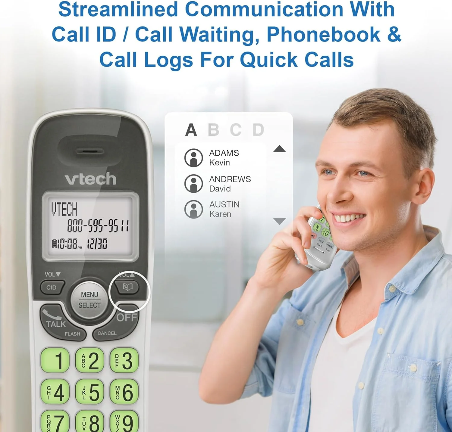 تلفن بی سیم VTech VG131 DECT 6.0 [جدید] - اتصال بلوتوث، صفحه نمایش آبی-سفید، دکمه های بزرگ، بلندگوی دو طرفه کامل، شناسه تماس گیرنده، نصب آسان روی دیوار، برد 300 متری (سفید/خاکستری)