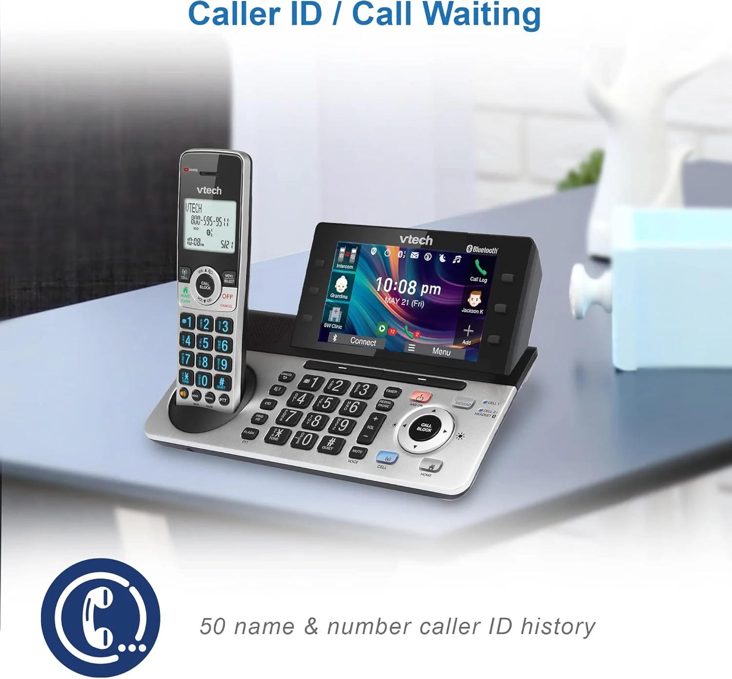 تلفن بی سیم قابل ارتقا VTech IS8251 با کیفیت تجاری برای دفتر کار خانگی، صفحه نمایش رنگی 5 اینچی، کلیدهای میانبر قابل برنامه ریزی، مسدود کننده تماس هوشمند، سیستم پاسخگویی، اتصال بلوتوث به تلفن همراه تلفن بی سیم قابل ارتقا VTech IS8251 با کیفیت تجاری برای دفتر کار خانگی، صفحه نمایش رنگی 5 اینچی، کلیدهای میانبر قابل برنامه ریزی، مسدود کننده تماس هوشمند، سیستم پاسخگویی، اتصال بلوتوث به تلفن همراه