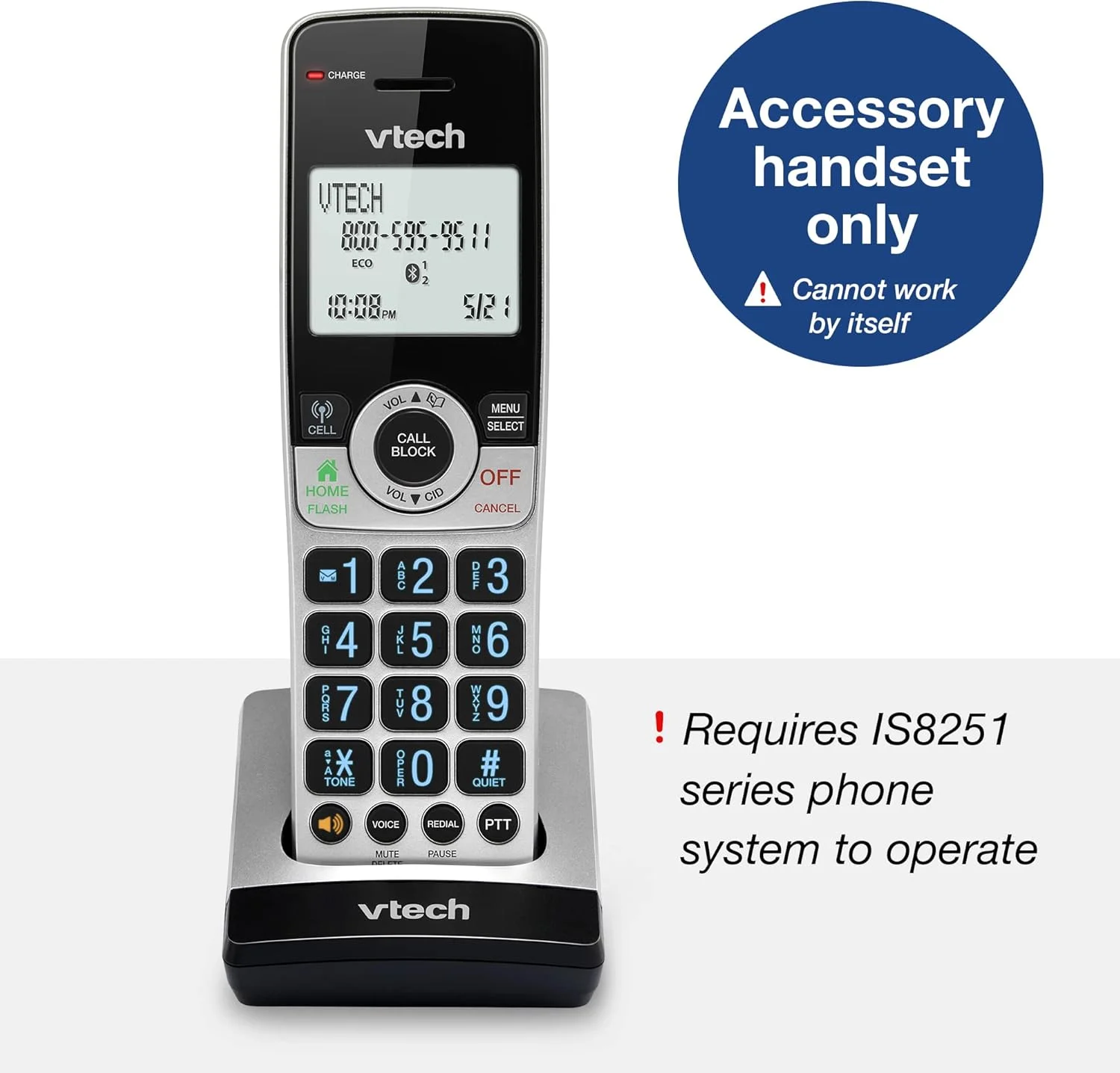 گوشی تلفن بی سیم جانبی VTech IS8201 برای سری تلفن های بی سیم تجاری IS8251، ایده آل برای دفتر کار خانگی، مسدود کردن تماس های هوشمند، سیستم پاسخگویی، اتصال بلوتوث به تلفن همراه