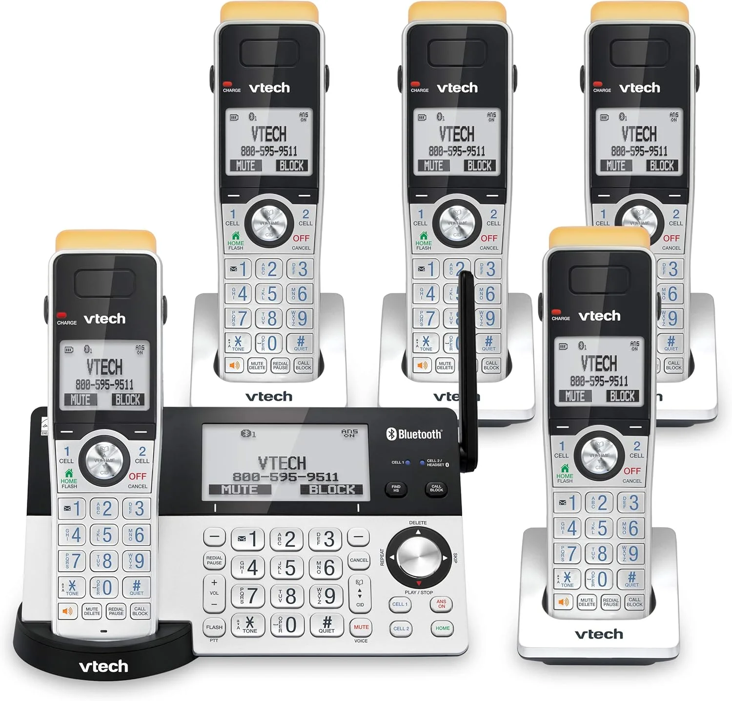 تلفن بی سیم DECT برد فوق العاده طولانی VTech IS8151-5 با 5 گوشی برای منزل با منشی تلفنی، برد 700 متر، مسدود کردن تماس، بلوتوث، جک هدست، پشتیبان برق، اینترکام، قابل ارتقا تا 12 گوشی
