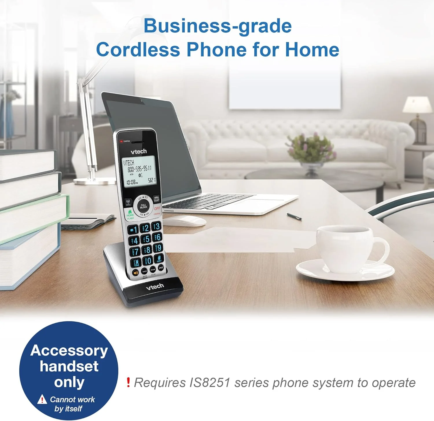 گوشی تلفن بی سیم جانبی VTech IS8201 برای سری تلفن های بی سیم تجاری IS8251، ایده آل برای دفتر کار خانگی، مسدود کردن تماس های هوشمند، سیستم پاسخگویی، اتصال بلوتوث به تلفن همراه