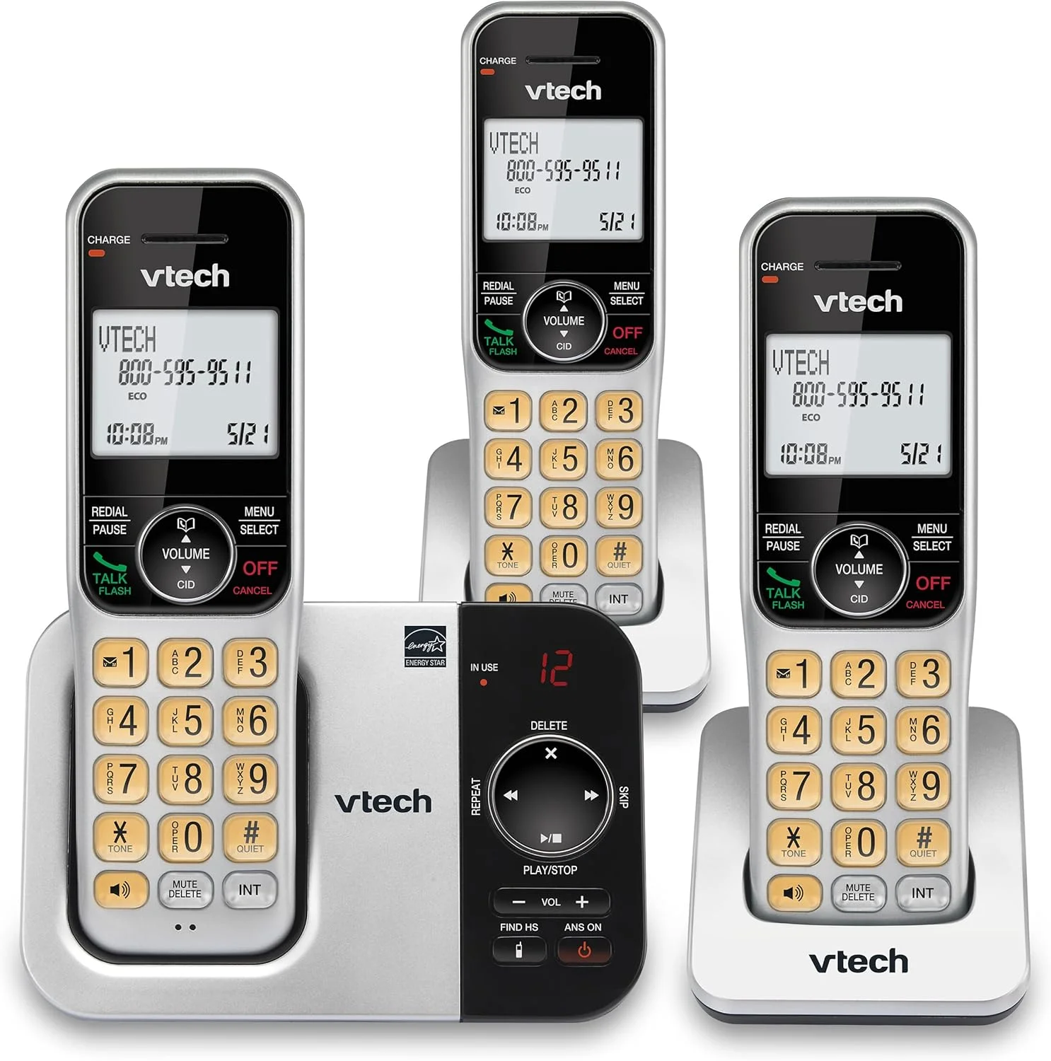 تلفن بی سیم قابل ارتقا VTech مدل CS5329-3 با سه گوشی، فناوری DECT 6.0 و سیستم پاسخگویی (نقره ای/مشکی)