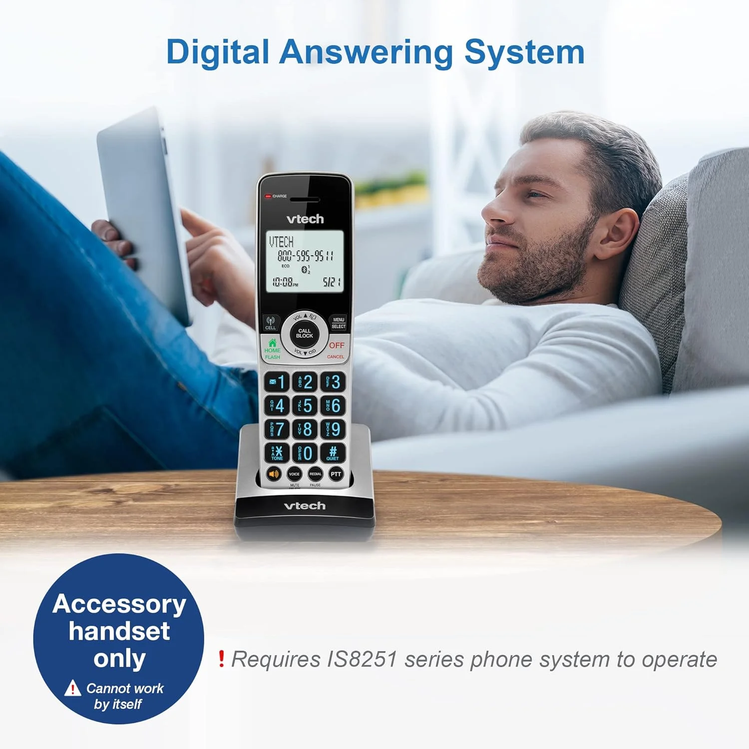 گوشی تلفن بی سیم جانبی VTech IS8201 برای سری تلفن های بی سیم تجاری IS8251، ایده آل برای دفتر کار خانگی، مسدود کردن تماس های هوشمند، سیستم پاسخگویی، اتصال بلوتوث به تلفن همراه