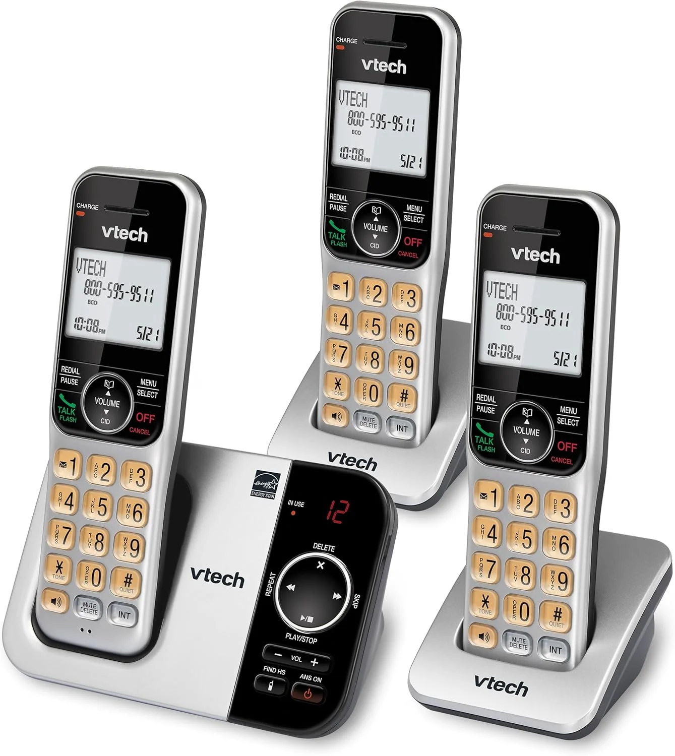 تلفن بی سیم قابل ارتقا VTech مدل CS5329-3 با سه گوشی، فناوری DECT 6.0 و سیستم پاسخگویی (نقره ای/مشکی)