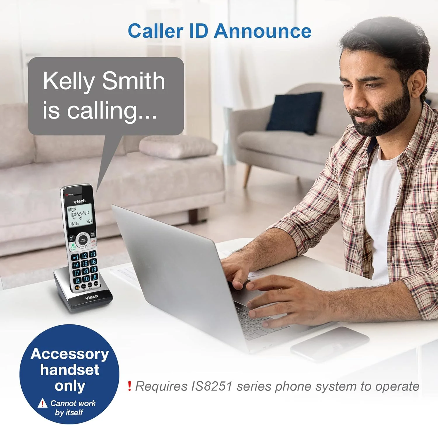 گوشی تلفن بی سیم جانبی VTech IS8201 برای سری تلفن های بی سیم تجاری IS8251، ایده آل برای دفتر کار خانگی، مسدود کردن تماس های هوشمند، سیستم پاسخگویی، اتصال بلوتوث به تلفن همراه