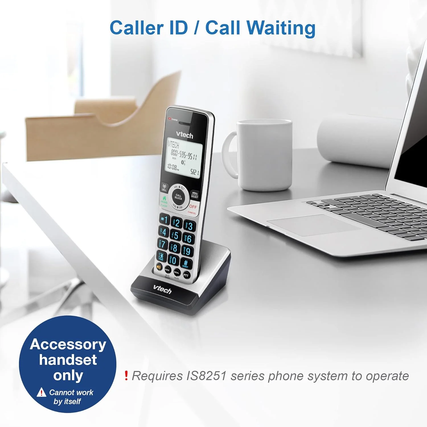 گوشی تلفن بی سیم جانبی VTech IS8201 برای سری تلفن های بی سیم تجاری IS8251، ایده آل برای دفتر کار خانگی، مسدود کردن تماس های هوشمند، سیستم پاسخگویی، اتصال بلوتوث به تلفن همراه