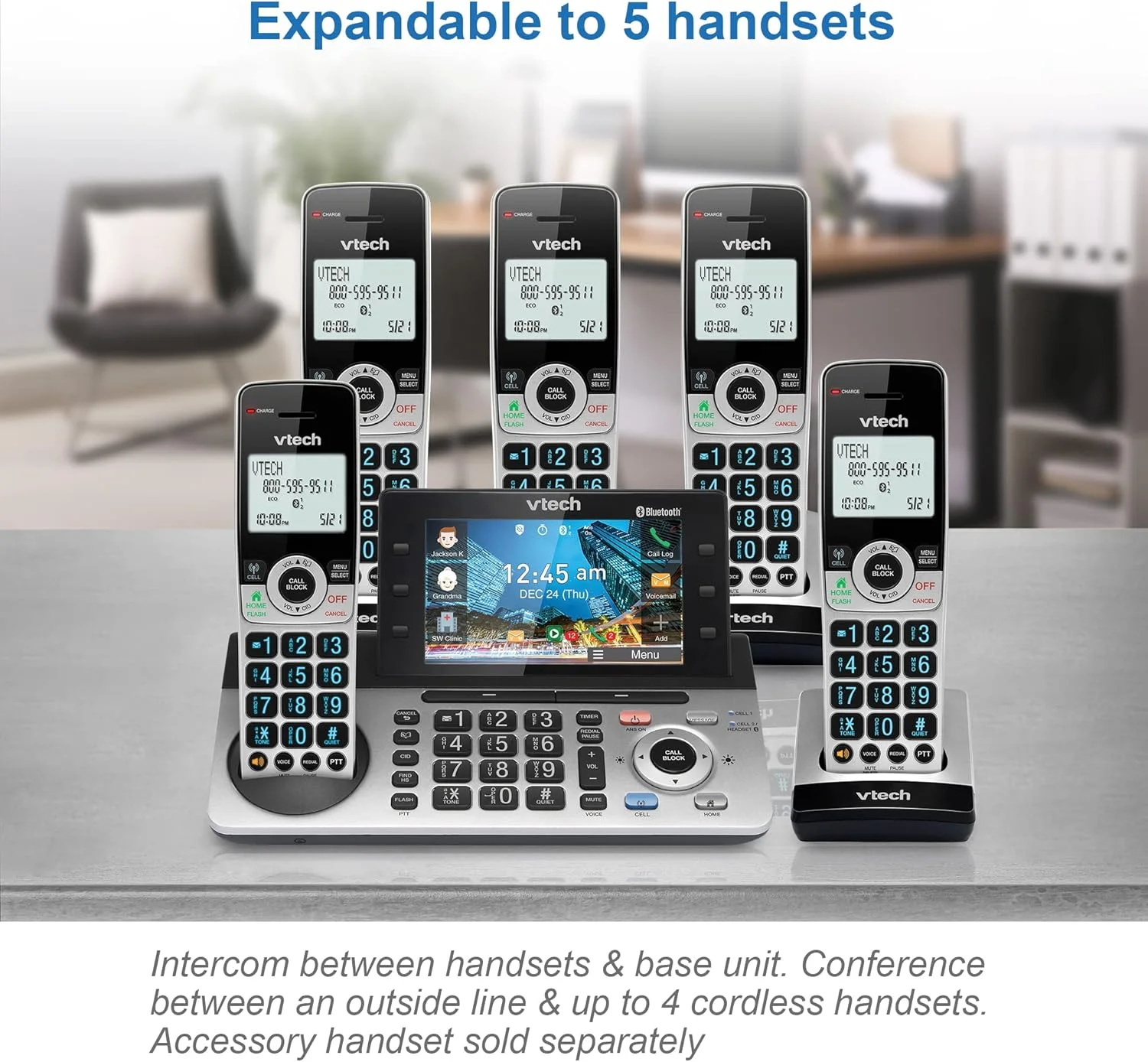 تلفن بی سیم قابل ارتقا VTech IS8251-3 با 3 گوشی برای دفتر کار خانگی، صفحه نمایش رنگی 5 اینچی، کلیدهای میانبر قابل برنامه ریزی، مسدود کننده تماس هوشمند، سیستم پاسخگویی، اتصال بلوتوث به تلفن همراه، IS8251-3 تلفن بی سیم قابل ارتقا VTech IS8251-3 با 3 گوشی برای دفتر کار خانگی، صفحه نمایش رنگی 5 اینچی، کلیدهای میانبر قابل برنامه ریزی، مسدود کننده تماس هوشمند، سیستم پاسخگویی، اتصال بلوتوث به تلفن همراه، IS8251-3