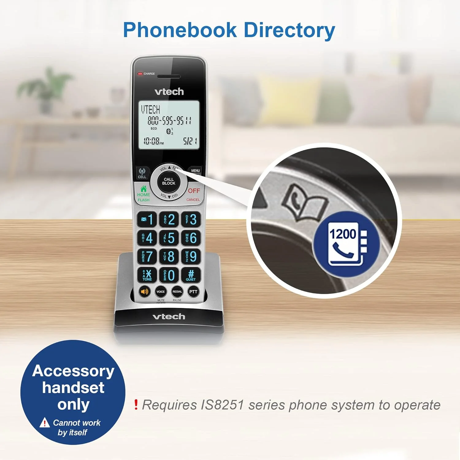 گوشی تلفن بی سیم جانبی VTech IS8201 برای سری تلفن های بی سیم تجاری IS8251، ایده آل برای دفتر کار خانگی، مسدود کردن تماس های هوشمند، سیستم پاسخگویی، اتصال بلوتوث به تلفن همراه