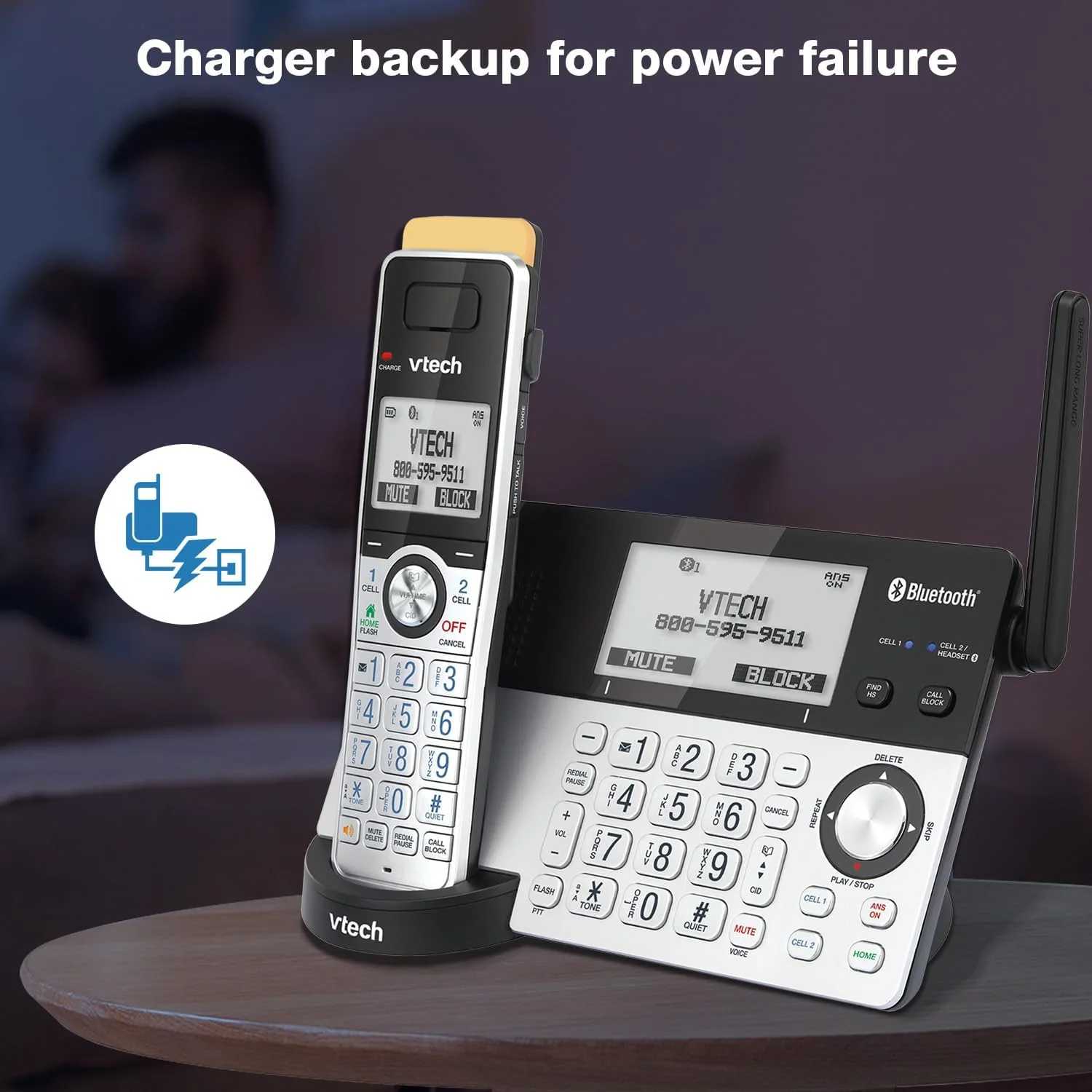 تلفن بی سیم خانگی VTech IS8151-4 با برد فوق العاده، دارای 4 گوشی، منشی تلفنی، برد 700 متری، مسدود کردن تماس، بلوتوث، جک هدست، پشتیبان برق، قابل ارتقا تا 12 گوشی، نقره ای/مشکی تلفن بی سیم خانگی VTech IS8151-4 با برد فوق العاده، دارای 4 گوشی، منشی تلفنی، برد 700 متری، مسدود کردن تماس، بلوتوث، جک هدست، پشتیبان برق، قابل ارتقا تا 12 گوشی، نقره ای/مشکی