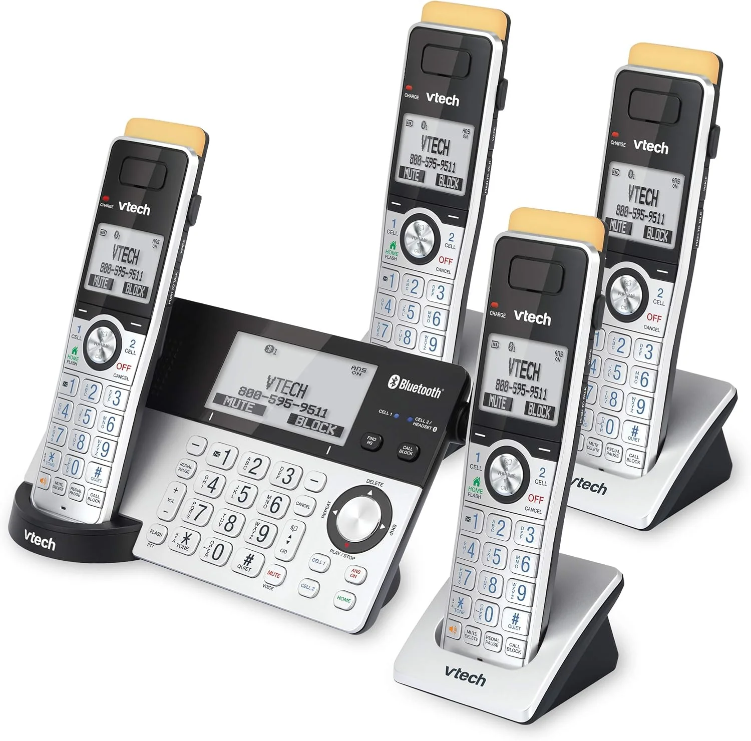 تلفن بی سیم خانگی VTech IS8151-4 با برد فوق العاده، دارای 4 گوشی، منشی تلفنی، برد 700 متری، مسدود کردن تماس، بلوتوث، جک هدست، پشتیبان برق، قابل ارتقا تا 12 گوشی، نقره ای/مشکی تلفن بی سیم خانگی VTech IS8151-4 با برد فوق العاده، دارای 4 گوشی، منشی تلفنی، برد 700 متری، مسدود کردن تماس، بلوتوث، جک هدست، پشتیبان برق، قابل ارتقا تا 12 گوشی، نقره ای/مشکی