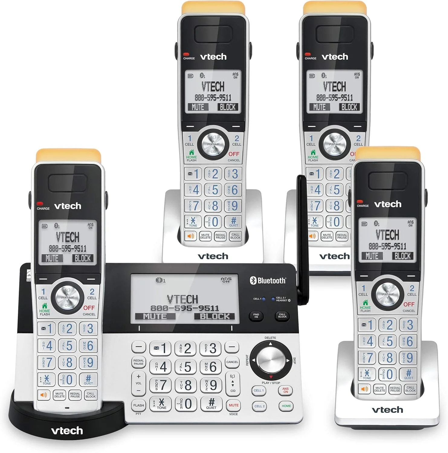 تلفن بی سیم خانگی VTech IS8151-4 با برد فوق العاده، دارای 4 گوشی، منشی تلفنی، برد 700 متری، مسدود کردن تماس، بلوتوث، جک هدست، پشتیبان برق، قابل ارتقا تا 12 گوشی، نقره ای/مشکی تلفن بی سیم خانگی VTech IS8151-4 با برد فوق العاده، دارای 4 گوشی، منشی تلفنی، برد 700 متری، مسدود کردن تماس، بلوتوث، جک هدست، پشتیبان برق، قابل ارتقا تا 12 گوشی، نقره ای/مشکی