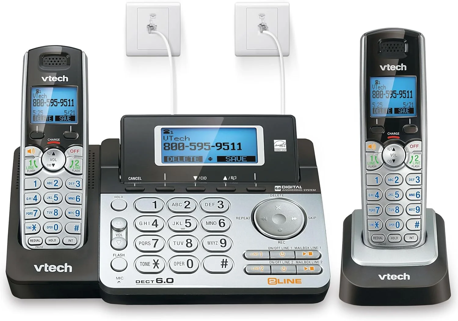 VTech VTech DS6151-2 2 Handset 2-Line Cordless Phone System for Home or Small Business with Digital Answering System & Mailbox on Each line, Silver VTech VTech DS6151-2 2 Handset 2-Line Cordless Phone System for Home or Small Business with Digital Answering System & Mailbox on Each line, Silver