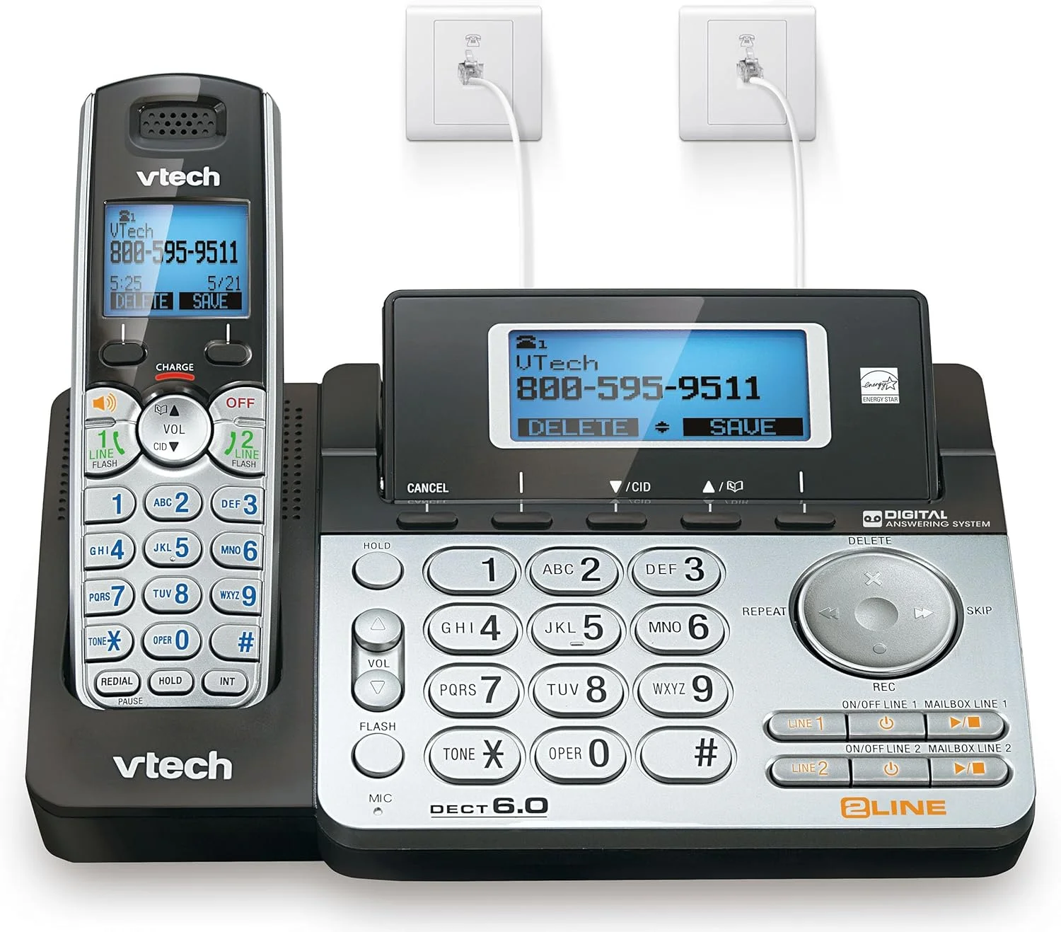 تلفن بی سیم دو خطی VTech DS6151 با سیستم پاسخگویی دیجیتال و صندوق پستی (مشکی/نقره ای)