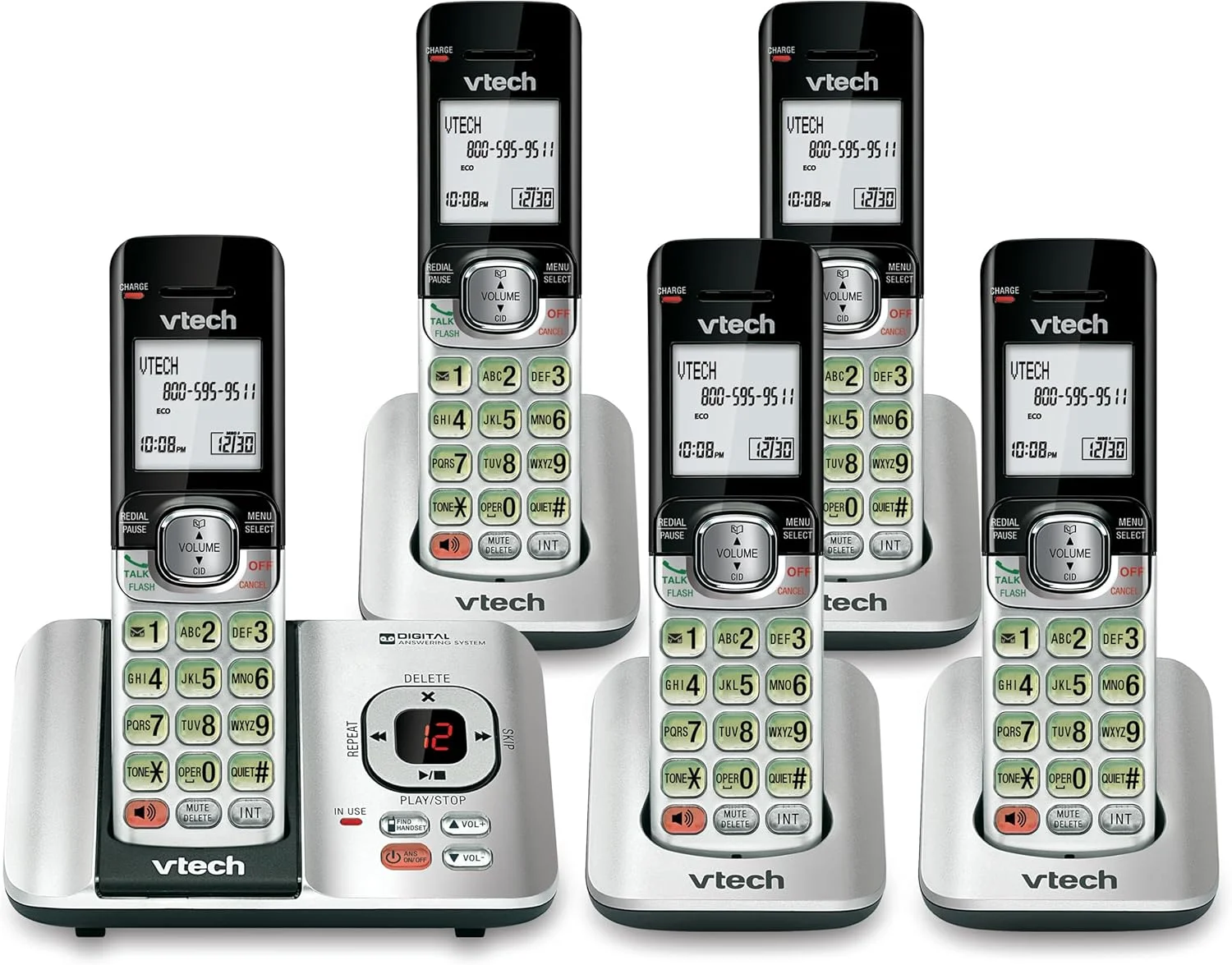 تلفن بی سیم 5 گوشی VTech CS6529-5 DECT 6.0 با سیستم پاسخگویی، شناسه تماس گیرنده/انتظار تماس، قابلیت نصب روی دیوار، صفحه نمایش LCD، بلندگوی گوشی (نقره ای/مشکی)