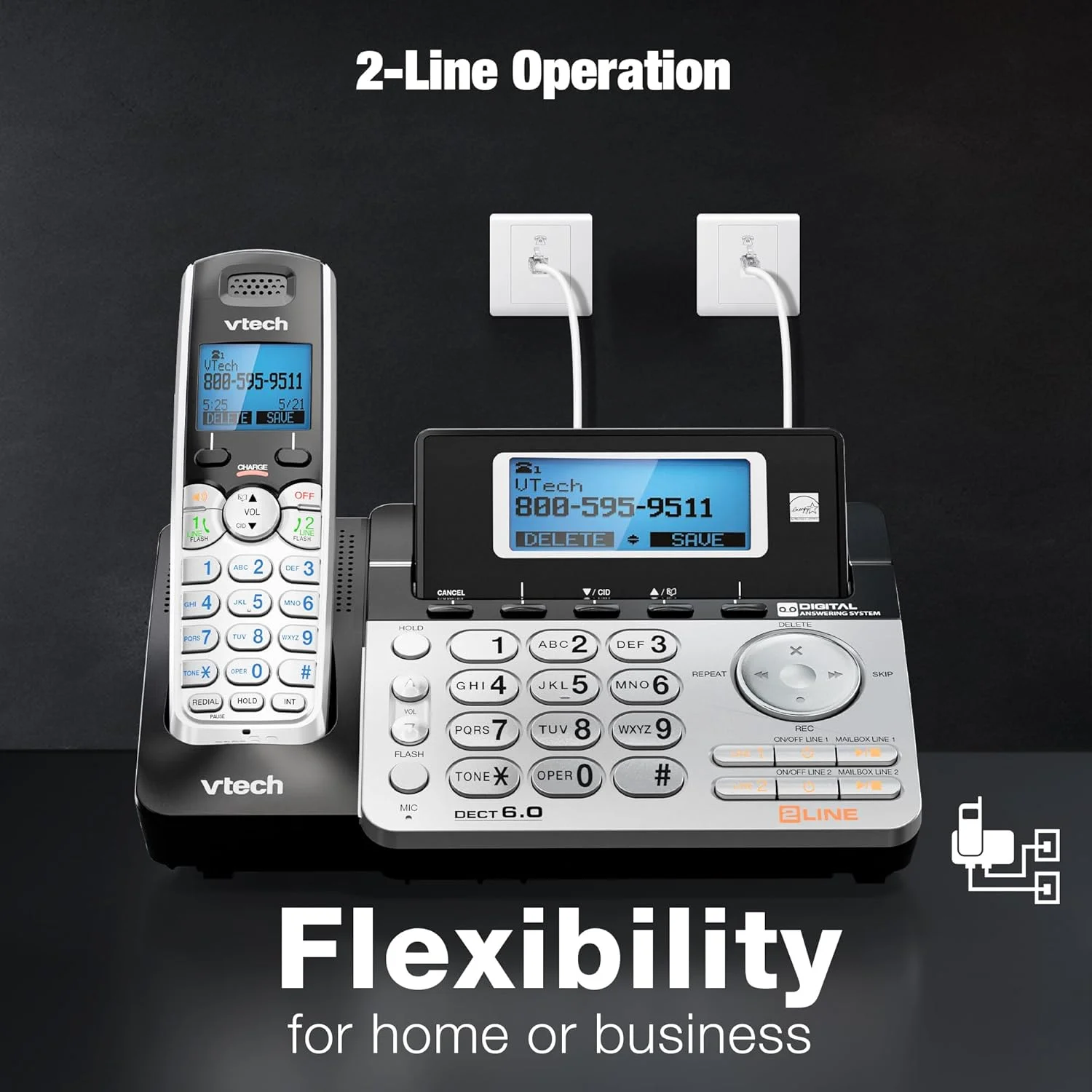 VTech VTech DS6151-2 2 Handset 2-Line Cordless Phone System for Home or Small Business with Digital Answering System & Mailbox on Each line, Silver VTech VTech DS6151-2 2 Handset 2-Line Cordless Phone System for Home or Small Business with Digital Answering System & Mailbox on Each line, Silver